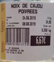 Quantité de sucre dans Noix de cajou poivrees