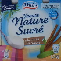 Sokerin määrä sisällä Yaourt nature sucré, au lait entier, au sucre de canne