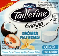İçindeki şeker miktarı Taillefine (0 % MG, 0 % Sucres ajoutés), (Arômes naturels : Saveurs Coco, Vanille, Pêche) 12 pots