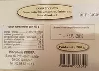 Sucre et nutriments contenus dans Biscuiterie pdr pa