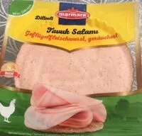 Suhkru kogus sees Tavuk Salamı. Geflügelfleischwurst, geräuchert