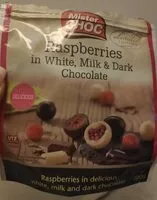 Suhkru kogus sees Raspberries in white, milk & dark chocolate