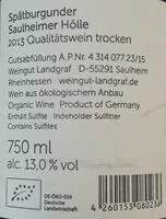 Cantidad de azúcar en Spätburgunder Saulheiner Hölle 2013