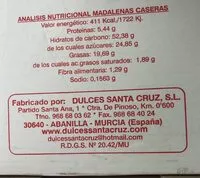 Sucre et nutriments contenus dans Dulces santa cruz