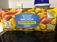 Cantidad de azúcar en Aceitunas verdes rellenas de anchoas. Reducida en sal