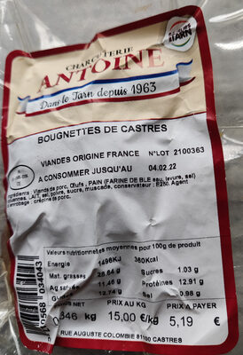 Sucre et nutriments contenus dans Charcuterie antoine