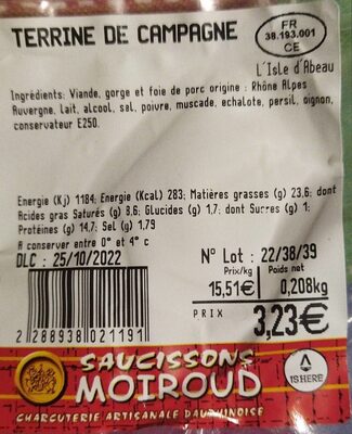 Sucre et nutriments contenus dans Saucissons moiroud