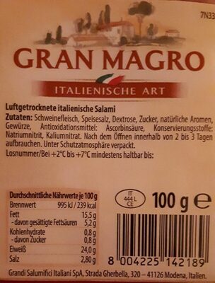 Zucker und Nährstoffe drin Gran magro